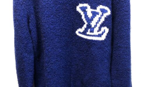 ◆Louis Vuitton ルイヴィトン インタルシアクルーネックニット LVロゴ刺繍 セーター ブルー 青 Mサイズ メンズ 中古 お買取り金額お教えいたします！◆